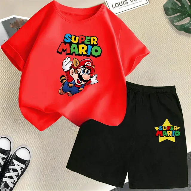 thumbnail image 1 of Conjunto de 2 piezas de camiseta y pantalones cortos de Mario de manga corta de verano para niños y niñas de 3 a 12 años, conjunto deportivo informal para niños, 1 of 5