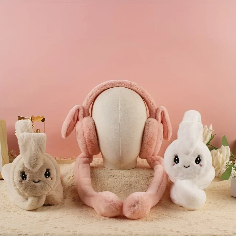 Cartoon Bunny Ear Warmers Plush Knitted Stretchable Polyester Ear Muffs Reusable Cozy Ear Covers for Winter Hand Wash Care
