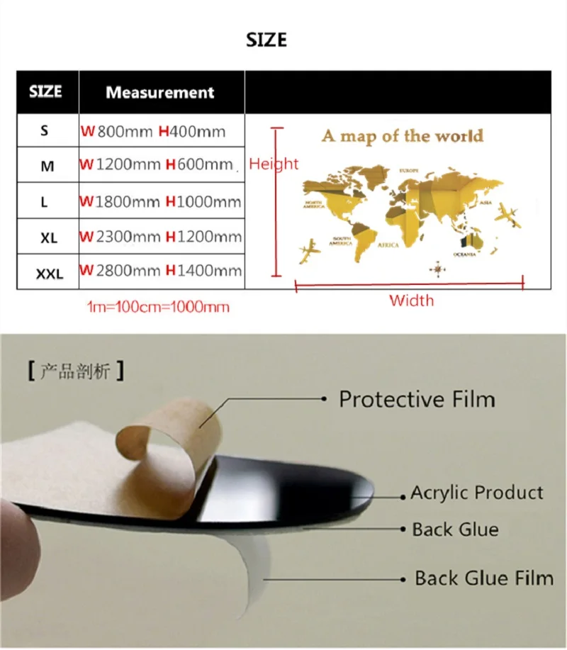 Description Picture 5 of item3D Acrylic World Map Mirror Wall Sticker Home Decoration DIY Crystal Sticker Office Study Sofa TV Background Wall Sticker