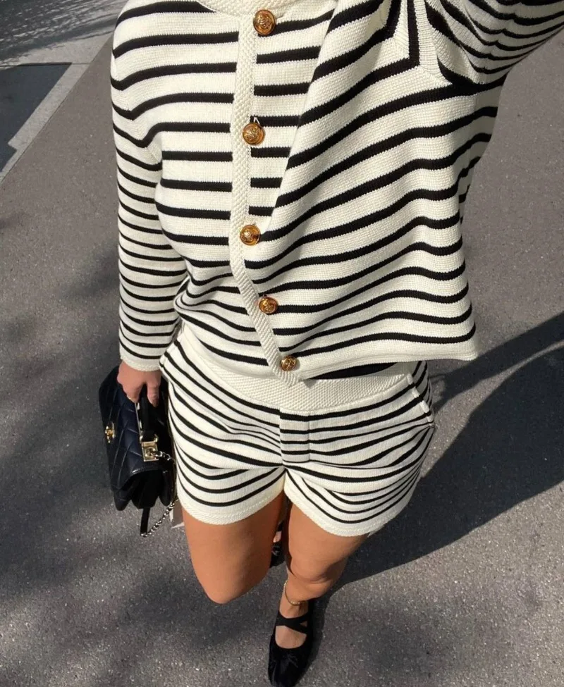 Knitted Shorts 2 Piece Sets Womens Outfits Casual Loose Cardigan Sweater Woman Winter Street High Waist Short Suits Women
