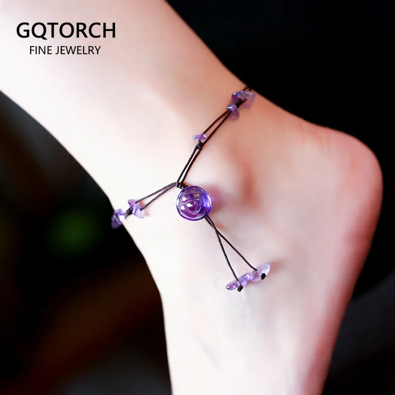 

Handmade Braided Anklets for Women Jewelry Natural Amethyst Jade Rose Quartz Stone Beads Chain Flower Engraved Fine Jewelry