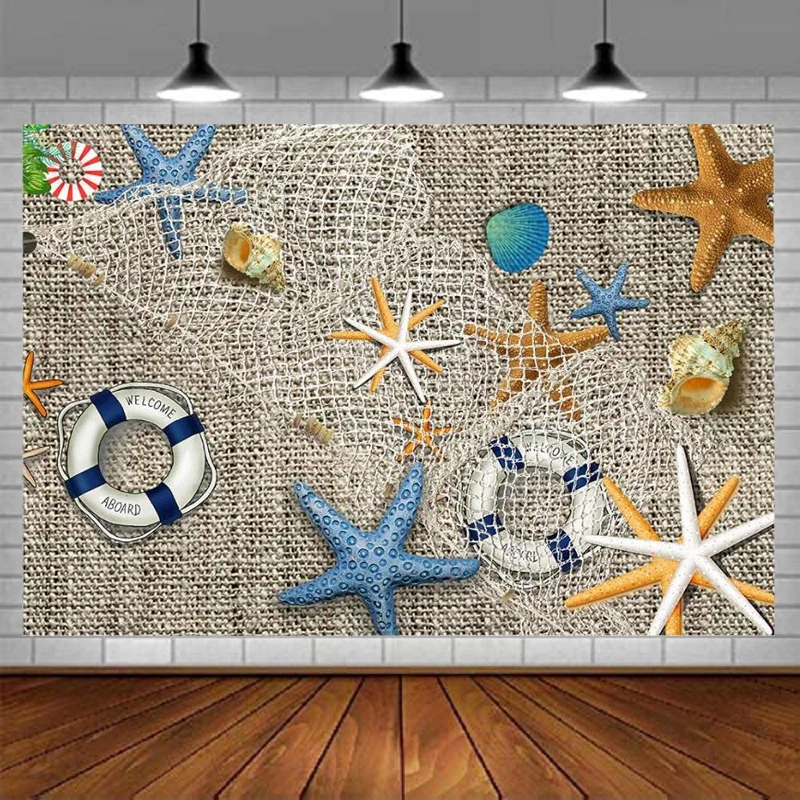 Rete Da Pesca Fotografia Sfondo Spiaggia Mare Nautico Ahoy Baby Shower Sfondo Starfish Shell Lifebuoy Hawaii Vacation