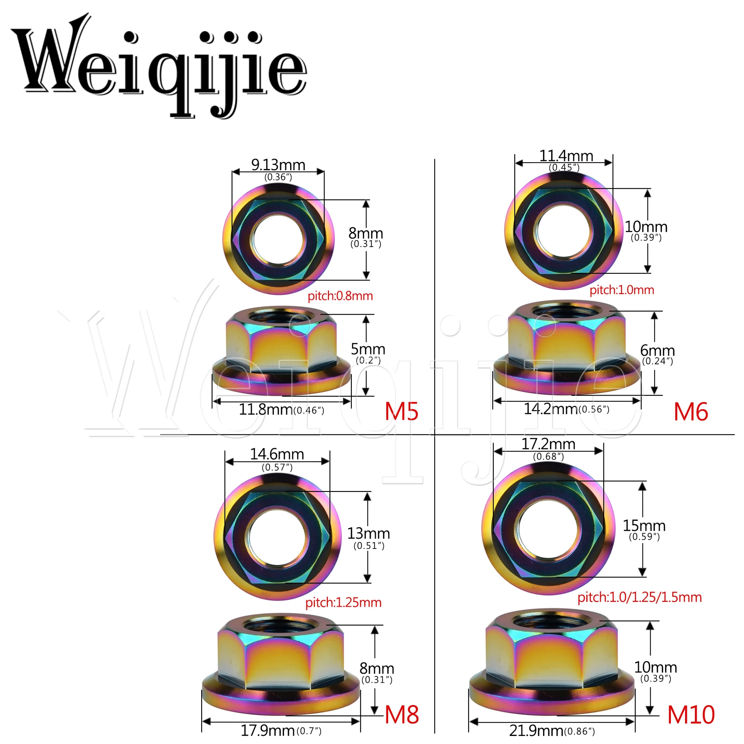 Weiqijie 티타늄 합금 육각 헤드 너트 플랜지 너트, 자동차 오토바이 자전거 브레이크용, M5-M16 표준 DIN6923 메트릭 Gr5, 6 개