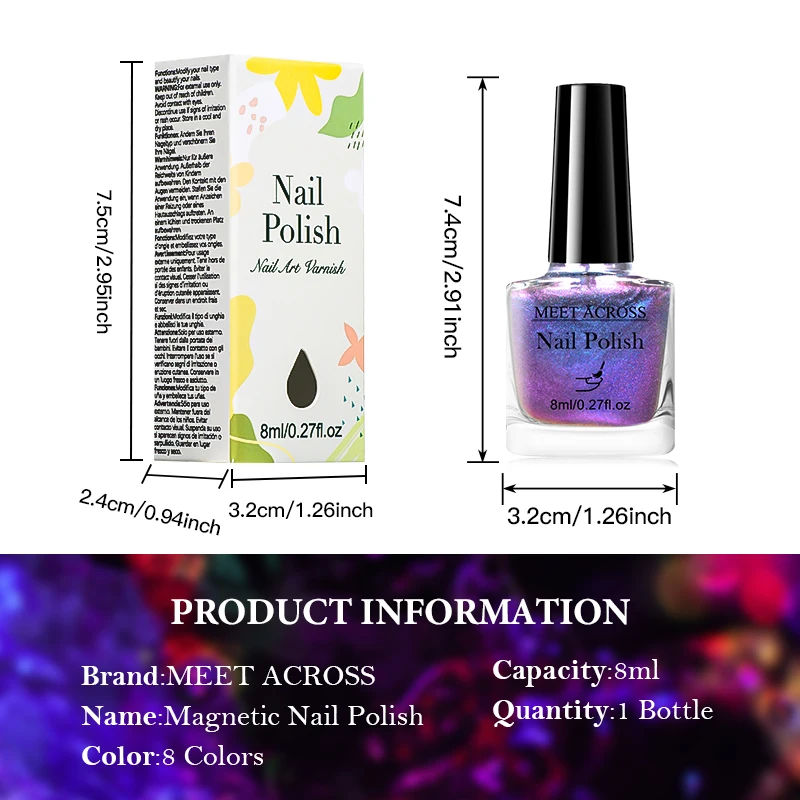 MEET ACROSS 8ml Glass Bottle Laser 9D Magnetic Nail Polish Quick Dry Nail Art Polish DIY Varnish No Need Lamp Nail Polish