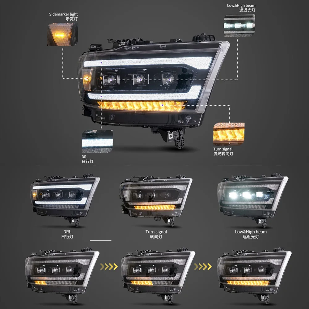 مصابيح أمامية LED DRL بإشارة انعطاف متتابعة ، مجموعة مصابيح السيارة ، دودج رام 1500 2019 2020 2021 2022