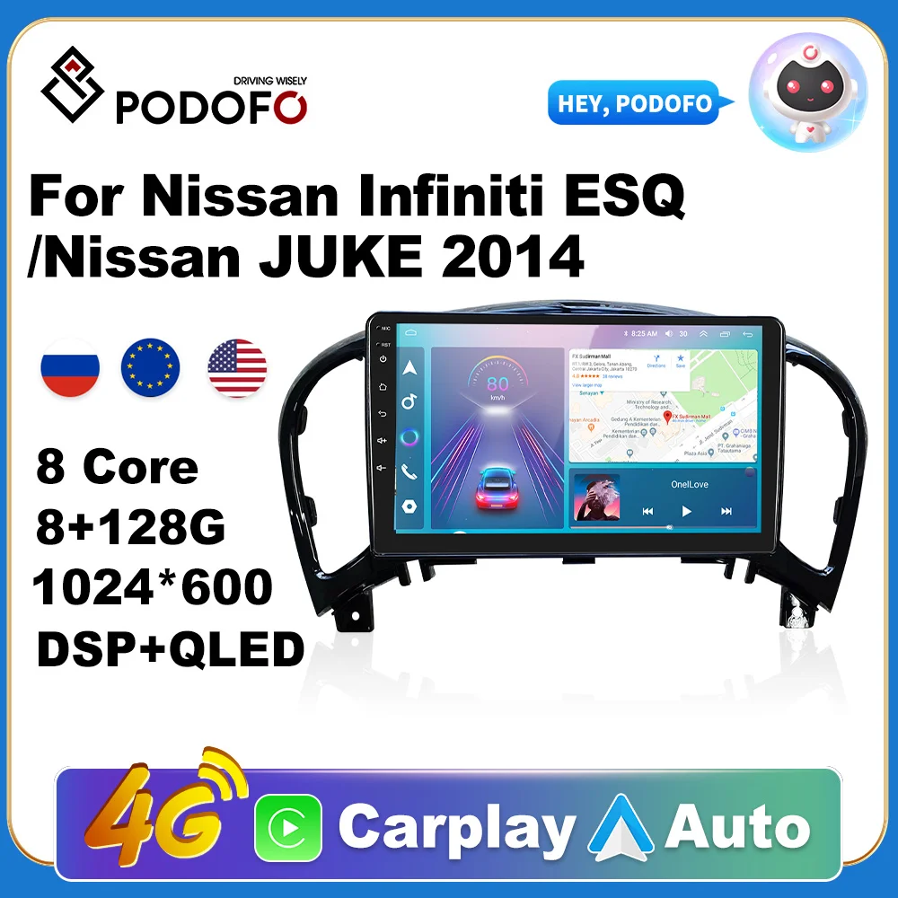 

Автомобильный радиоприемник Podofo AI Voice Android Carplay для Nissan Infiniti ESQ/Nissan JUKE 2014 2din Android Auto 4G навигация GPS Авторадио