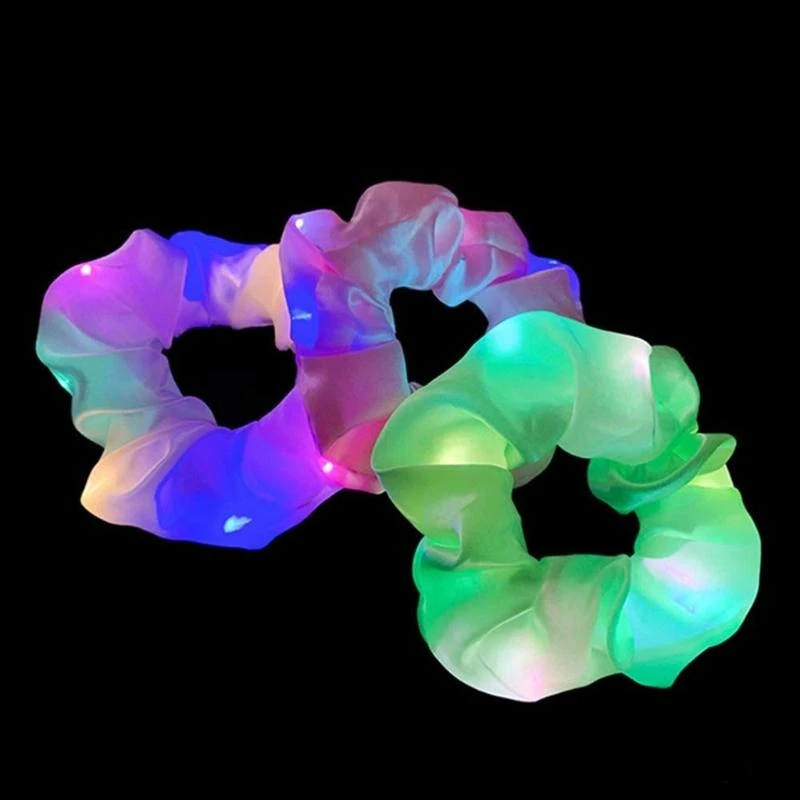 Y4NB 6Pcs LED 조명 머리 Scrunchies 다채로운 빛나는 새틴 부드러운 헤어 타이 밴드 탄성 포니 테일 홀더 파티 호의