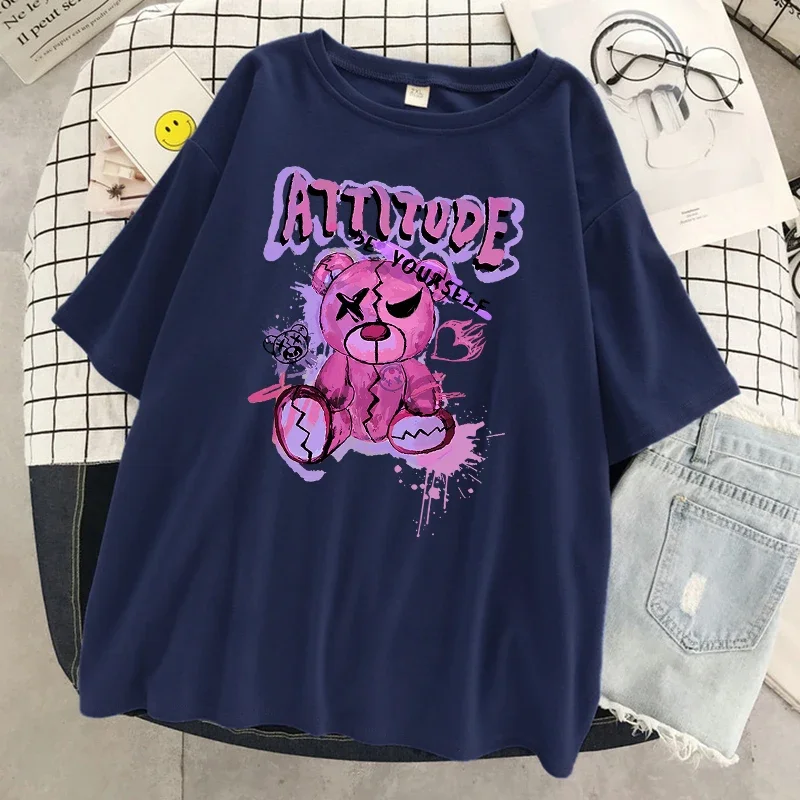

AttitudeBeYourselfPinkTeddyBearTshirtWomenCottonBreathableShortSleeveStreetLooseClothesSummerCasualTshirts
