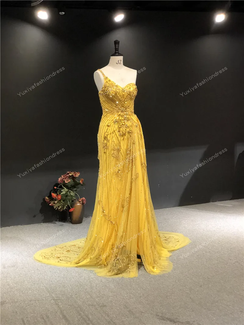 100%Real Pictures Gold Color Heavy Beads One Shoulder