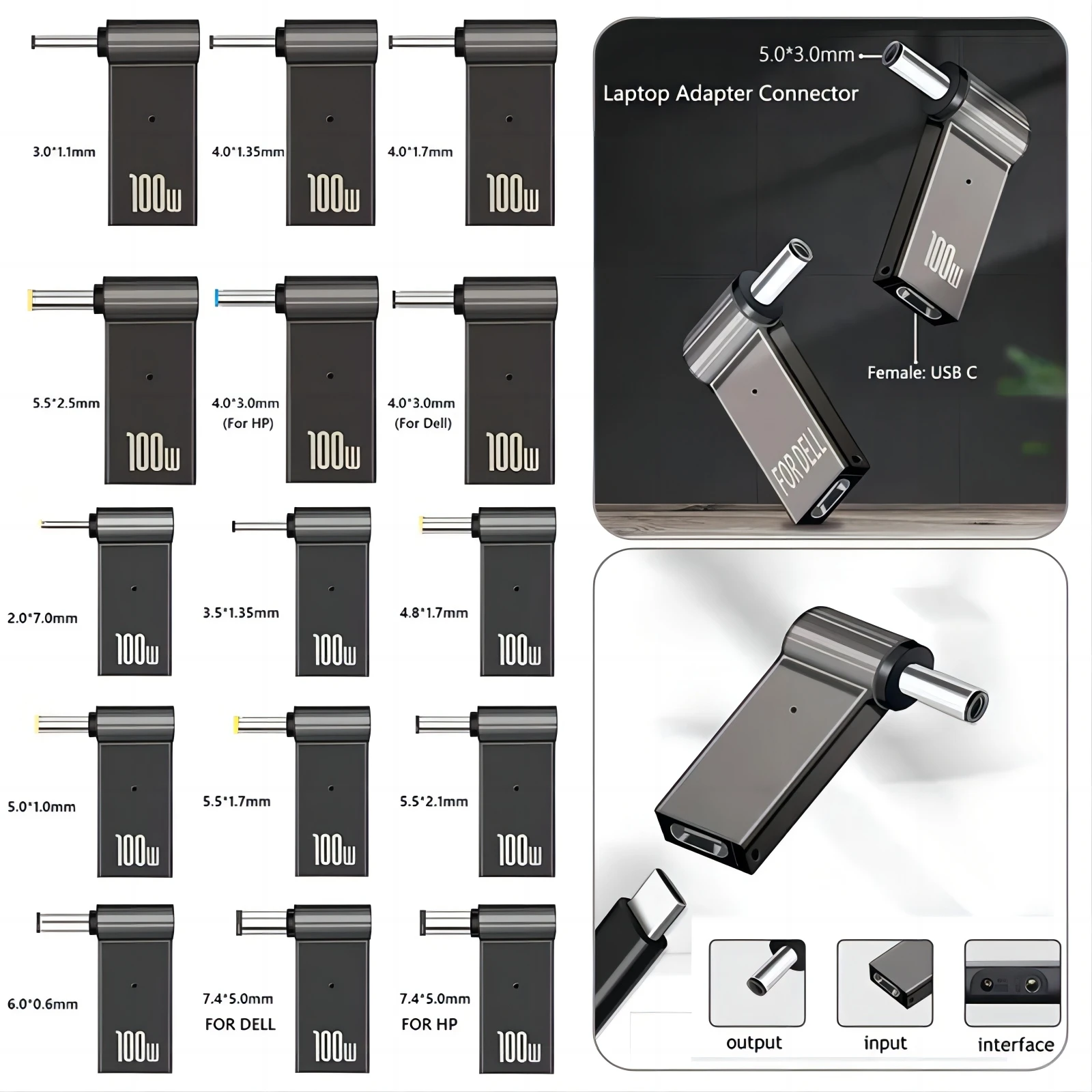 Laptop Power Charger Supply Connector Adapter PD 100W 5A USB Type-C Female to DC Male Jack Plug Converter for Lenovo/HP/DELL laptop power adapter power adapter usb to dc adapter type c to dc adapter power plug adapter dc power converter