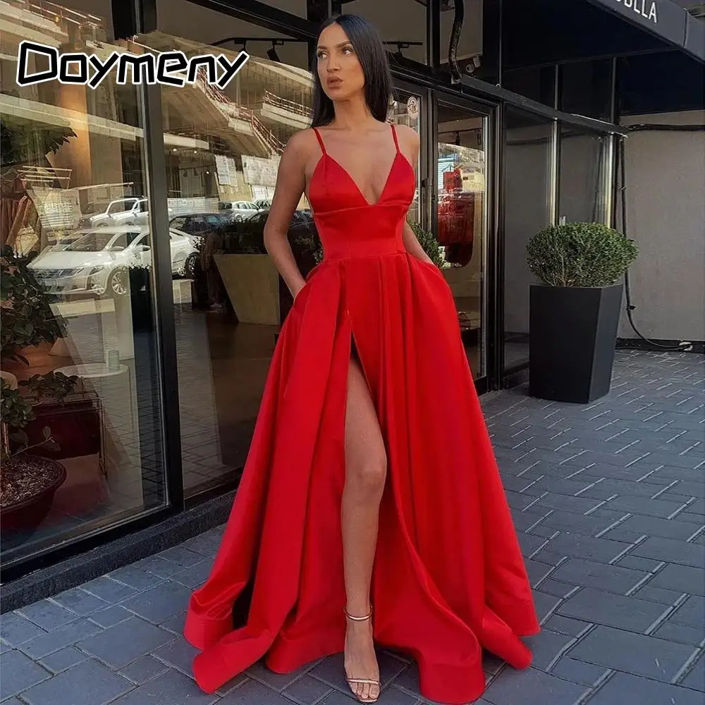 

Doymeny V Neck Satin Evening Dresses Spaghetti Strap Side Slit Prom Dress Floor Length Sleeveless Party Dress Robe de Soiree