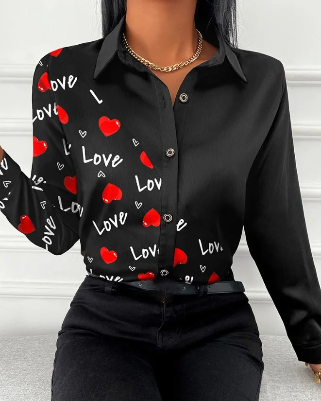 New Valentine's Day Heart Shaped Letter Printed Button Top Hot Selling Fashion Single Breasted Long Sleeved Shirt