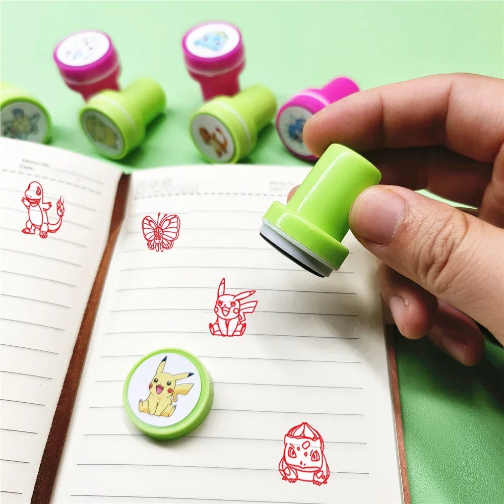 Anime Pokemon Cartoon Color Stamp Set Pikachu Psyduck Anime Figures Toys Student School Supplies Kawaii Kids Award Stamp Gifts
