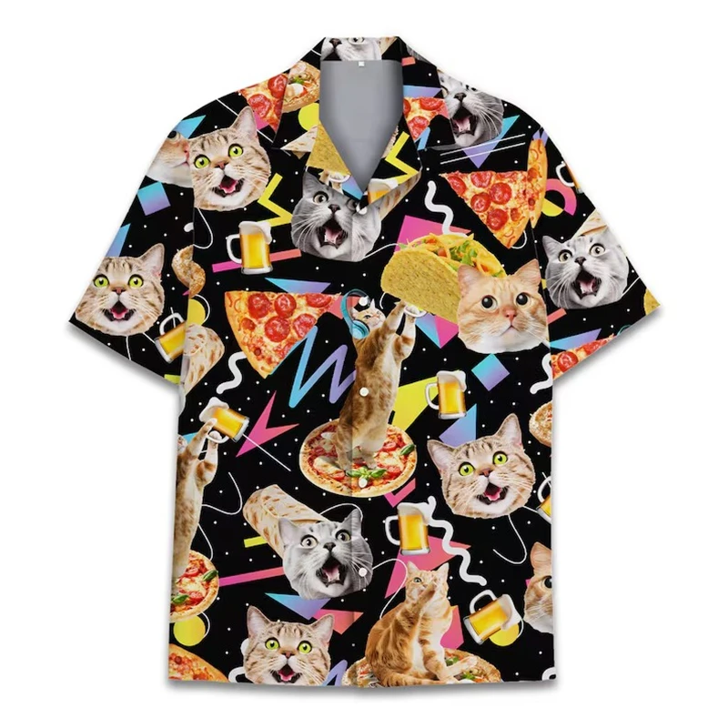 thumbnail image 1 of Camisa hawaiana divertida para hombre, sudadera playera con estampado de gato y música en 3D, camisa de manga corta de diseñador callejero, ropa para hombre de alta calidad, 1 of 4
