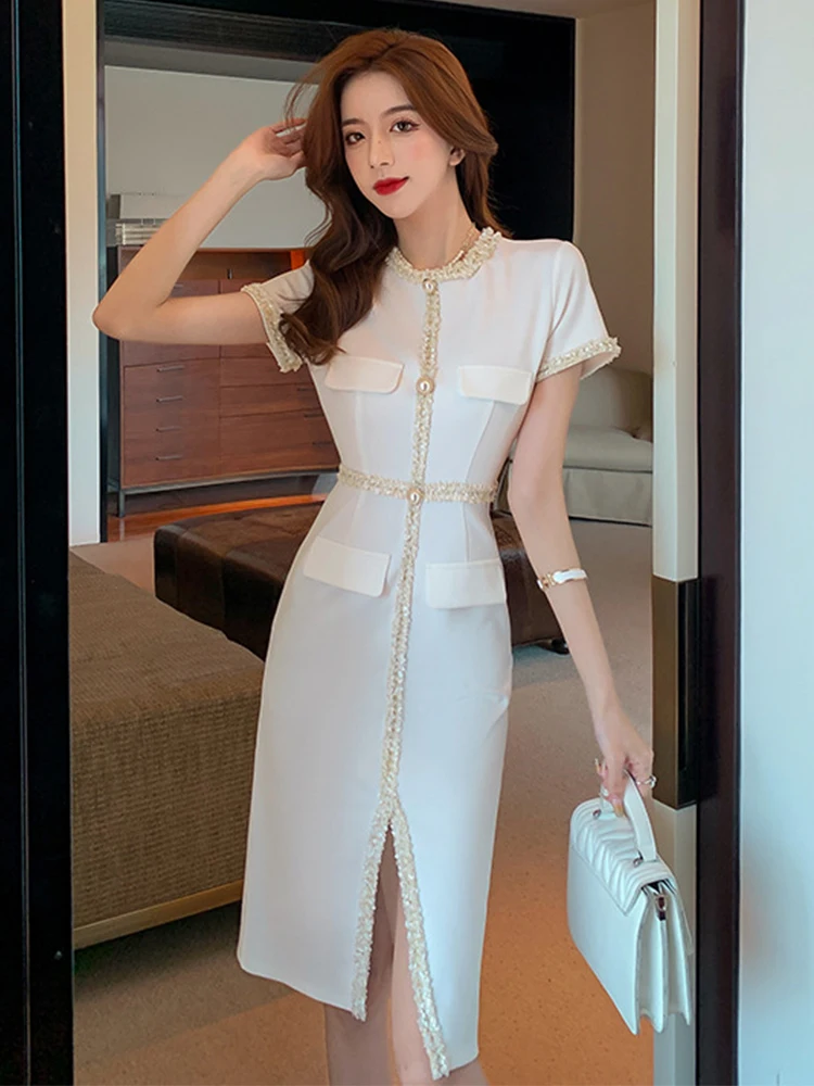 Korean White Elegant Office Bodycon Evening Dress Women O Neck Short ...
