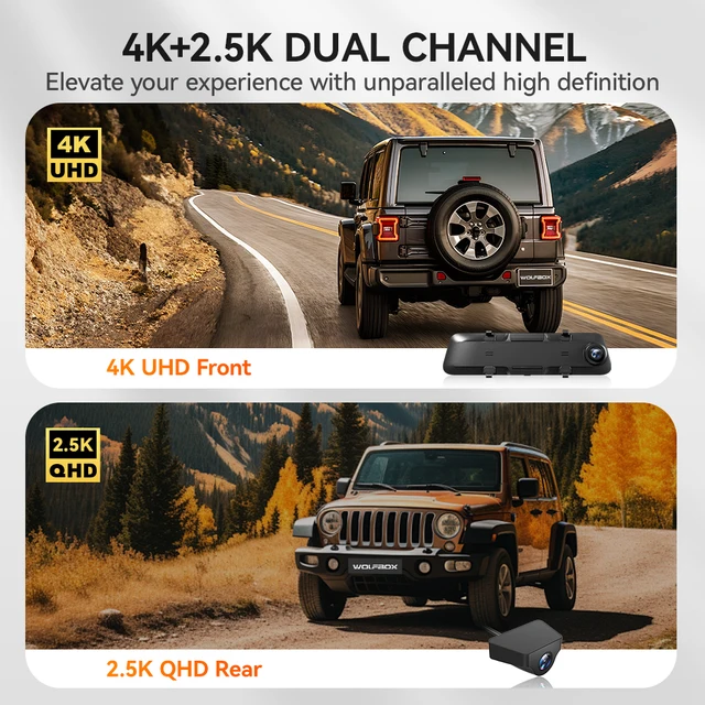 탁월한 4K 영상과 12인치 IPS 스크린을 갖춘 WOLFBOX G900 후방 대시 캠으로 안전하고 편리한 주행 경험을 만끽하세요.