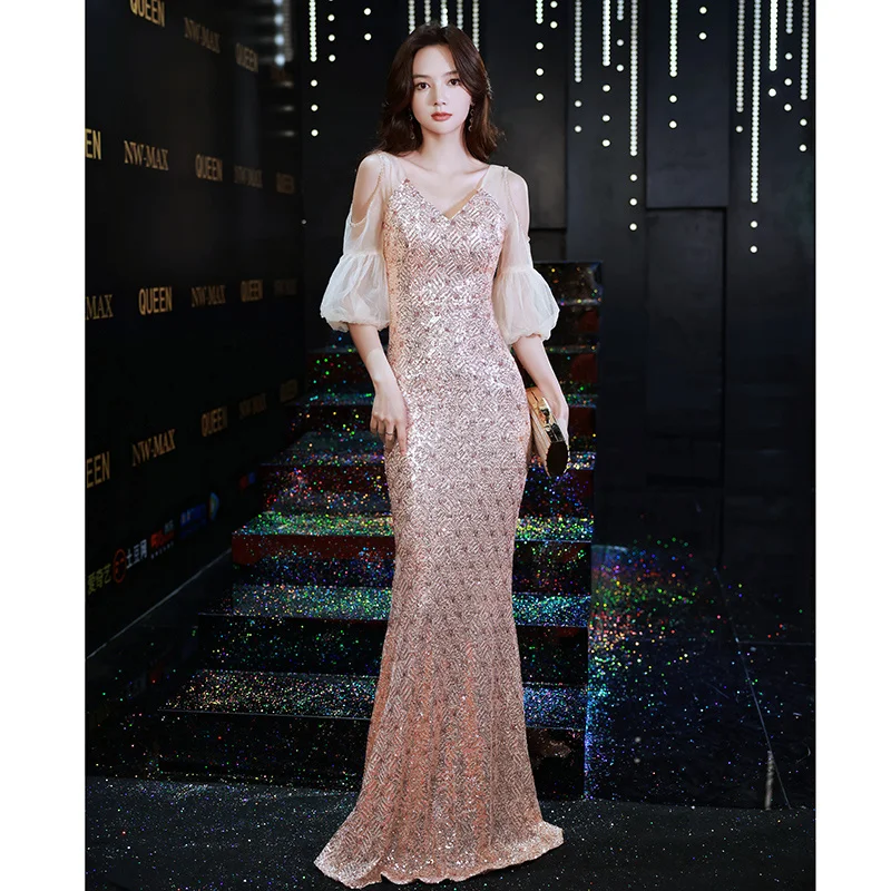 

Heavy Industry Evening Dress Women's Design Sense High Grade Banquet Style Champagne Dress 2023 New Fish Tail Sequins Winter