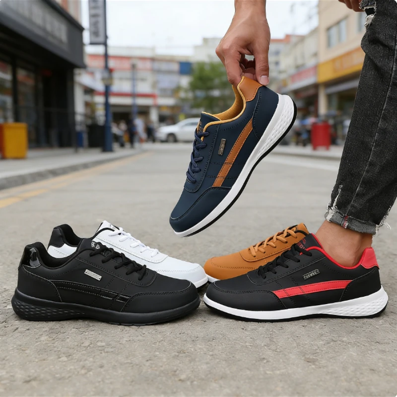 Trendy Men's Sneakers Fashion Non-slip All Black Leather Casual Shoe New Breathable Lightweight Daily Walking Trainers Men Shoes