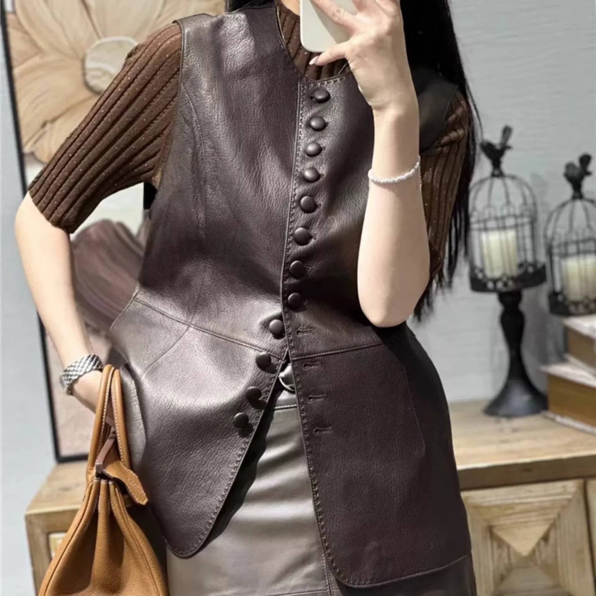 2023 Autumn and Winter New Genuine Sheepskin Leather Vest Rice Grain Embossed Round Neck Sleeveless Vest E93 genuine leather vest fashion elegant strap vest sheepskin solid vintage sleeveless casual spring korean new female blouse