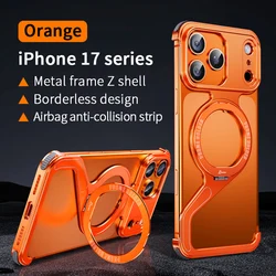 Magnetic Metal Snap - on Phone Case with Z Shape Geometry Stand and Shockproof Cover - iPhone 17 Pro (Orange)