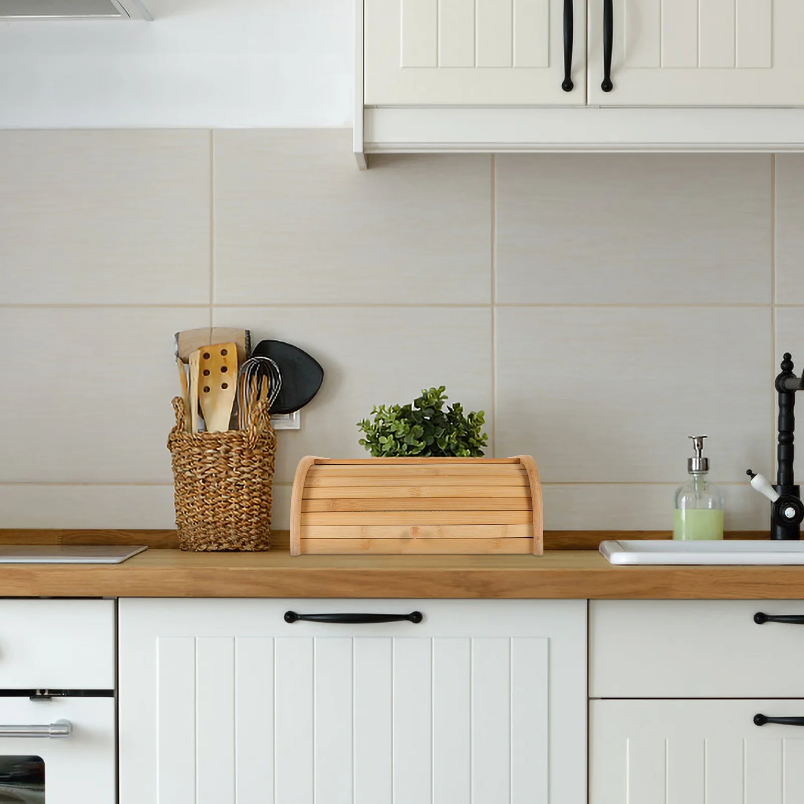 

Wood Bread Box Roll Top Breadbox Bread Storage Container Kitchen Counter Organizer