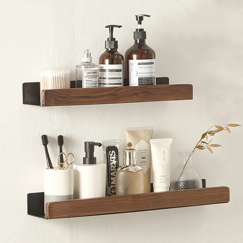 

Bathroom Shelf Aluminum Solid Wood Shelves Wall-mounted Shampoo Holder Cosmetic Storage Rack for Bathroom Organizer Accessories