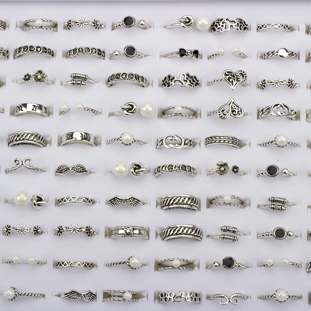 50Pcs/Lot Bohemia Rings for Women Mixed Carved Leaf Crystal Pearl Stone Finger Ring Charm Jewelry Accessories Gift