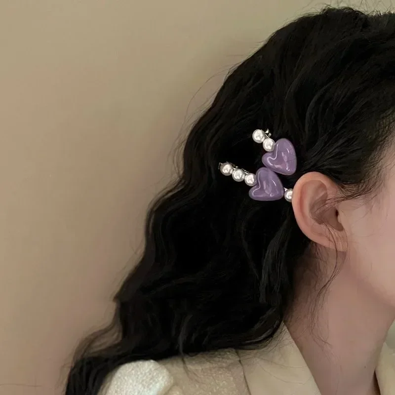Heart-shaped Pearl Hair Clips For Women - Alloy Geometric