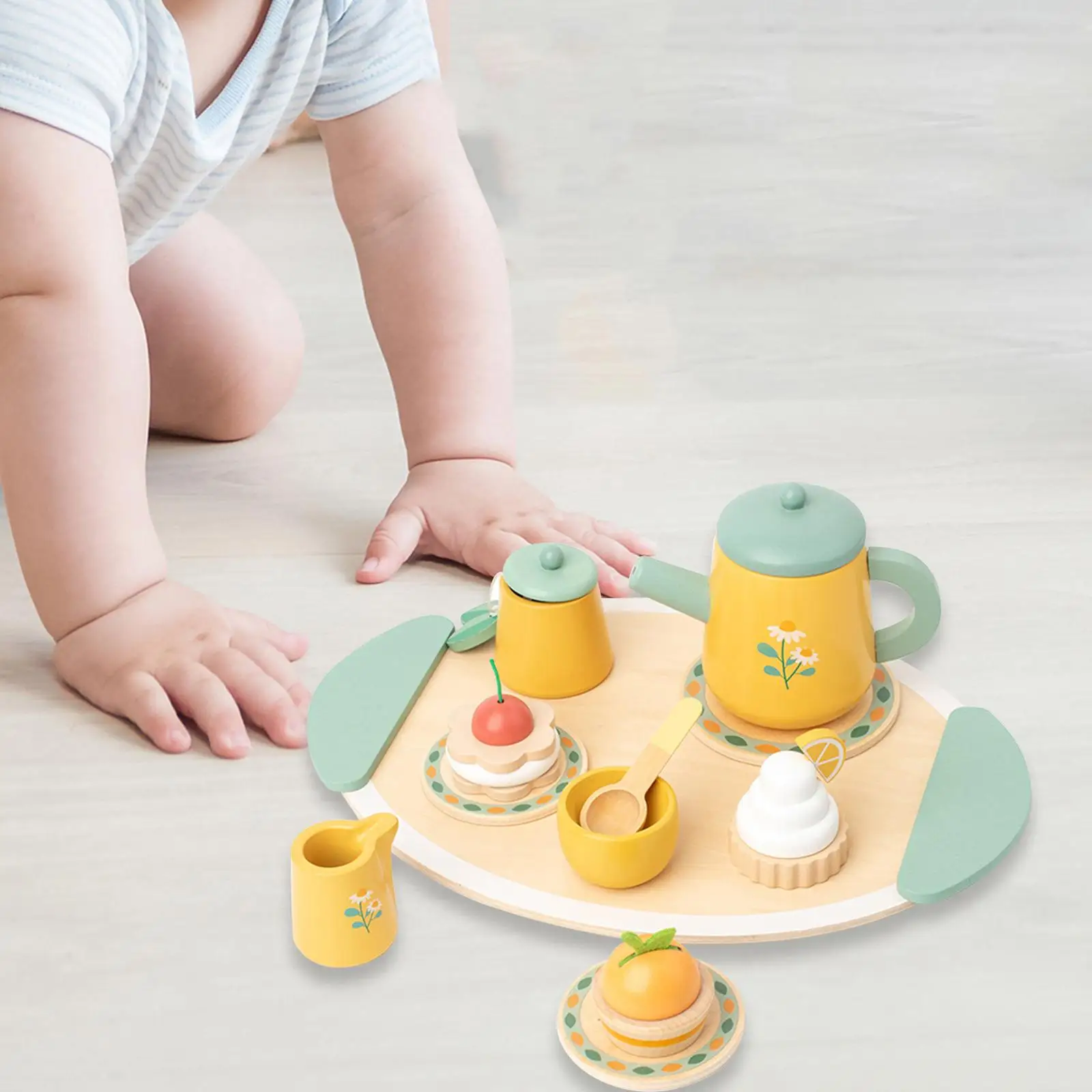 

Wooden Tea Party Set Mini Teapot Plates Afternoon Tea Set Miniature Decor Cake Toys Miniature Tea Cups Set for Age 3 4 5 6