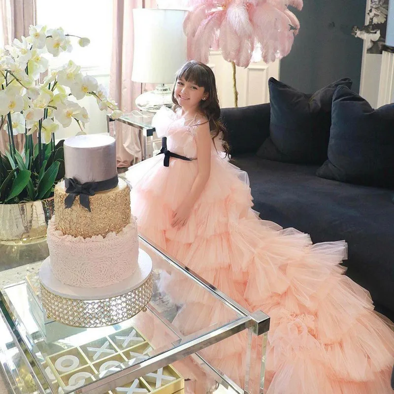 

Flower Girl Dresses Princess Prom Ball Gown Pearls Layers Lace Up Child Birthday Gown First Communion Dress Custom Made