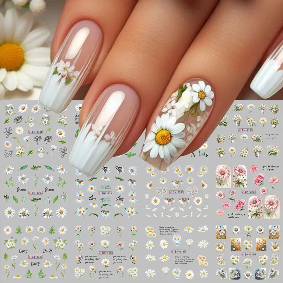 12 Design White Daisy Water Nails Stickers Summer Floral Water Decals Watercolor Leaves Pink Flower Nail Tattoos Slider Decor