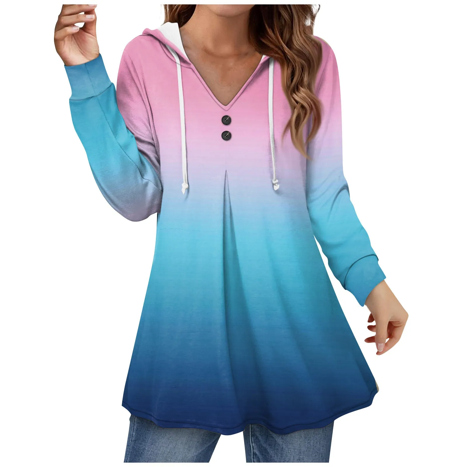 

Женские толстовки с V-образным вырезом, свободные свитшоты с градиентом, туника с длинным рукавом и капюшоном, топы, пуловер свободного покроя на пуговицах, толстовки с капюшоном