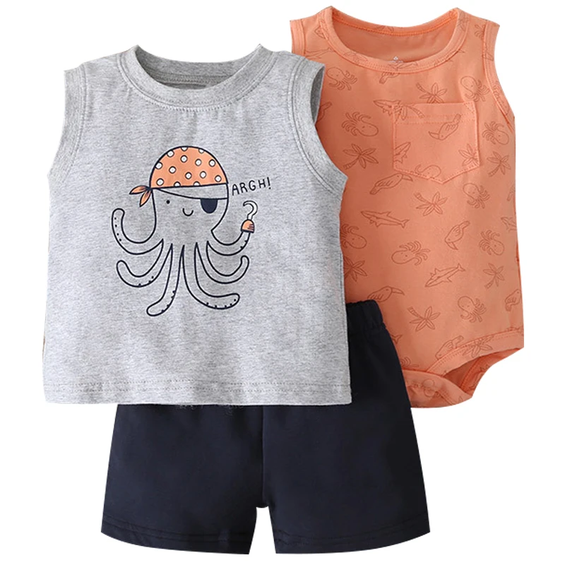

3Piece Summer Outfits Newborn Baby Boy Clothes Casual Fashion Cartoon Cute Cotton Vest+Bodysuit+Shorts Kids Clothing Set BC374
