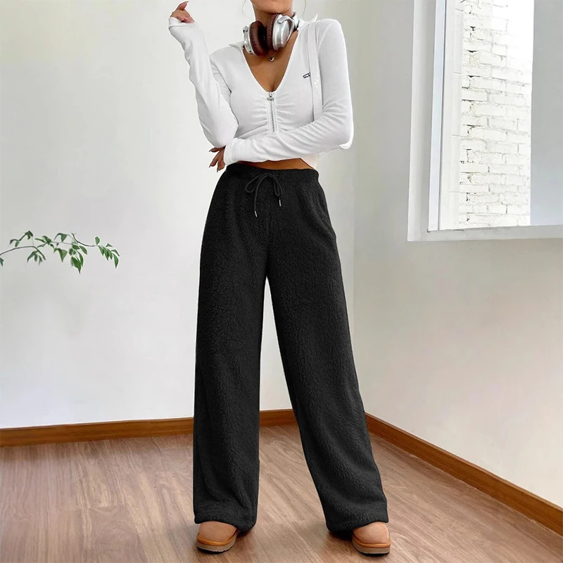 Autumn Winter Solid Women Plush Warm Fleece Wool Pants Casual Loose Drawstring Women High Waist Comfortable Material Sweatpants 5