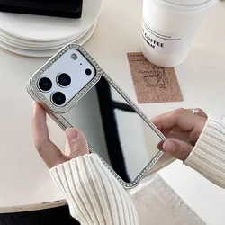 Luxury Electroplating Makeup Mirror Phone Case with Glitter Diamond Border and Protective Back Cover - iPhone 15 (Silvery)