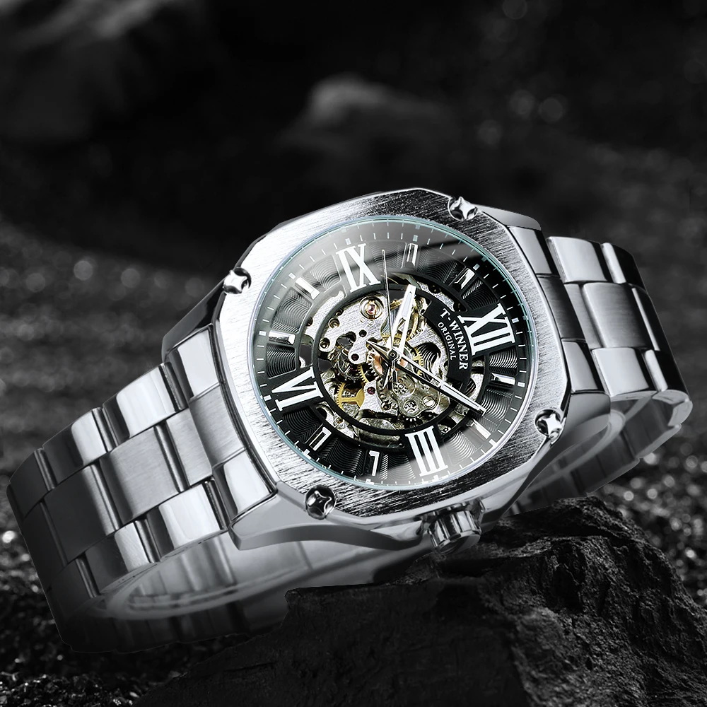 WINNER Black Gold Square Skeleton Watch for Men Luminous Pointers Luxury Brand Automatic Mechanical Watches Stainless Steel Band