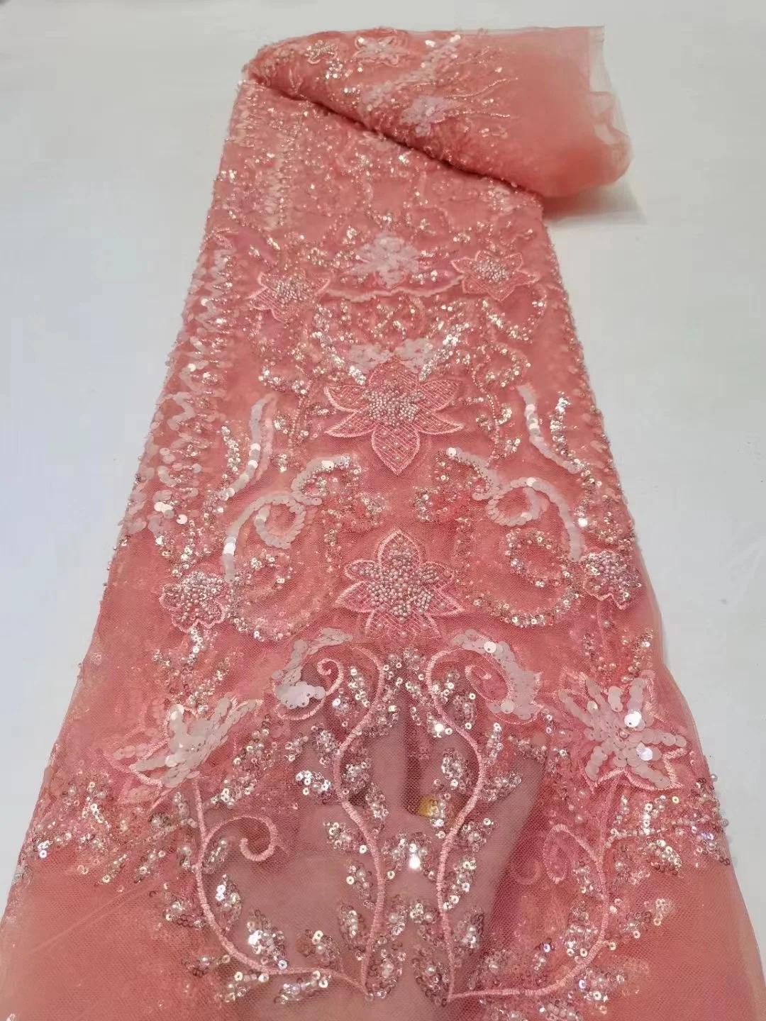 

Luxury Pink High Quality Handmade Beads Tulle Lace African Lace 2023 Embroidered Nigerian Lace For Wedding Dress