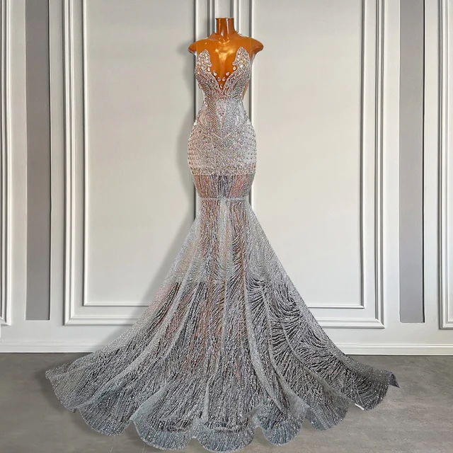 Sexy See Through Sequin Prom Dress for Black Girl Long Luxury Silver Crystal Mermaid Prom Graduation Party Gowns Ranked Product Recommendation
