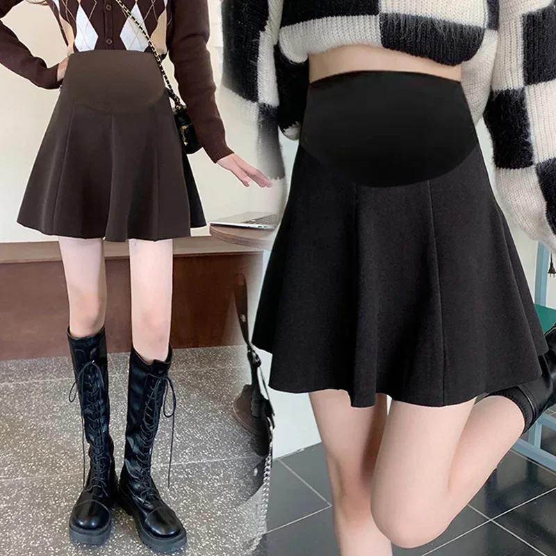 High Waist A- Line Mini Skirt for Pregnant Women Autumn Winter Woolen Sweater Outerwear Versatile Short Skirt Childproof