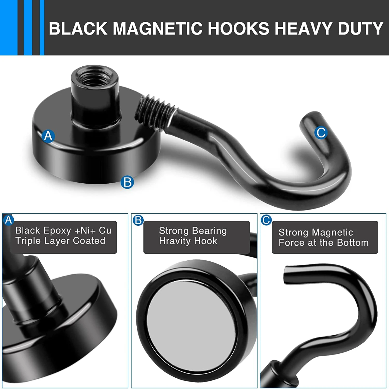 Black Magnetic Hooks Heavy Duty Utility Hooks Rare Earth Neodymium Magnet Hooks Hanging Nickel Coating Hanger for Home/Kitchen