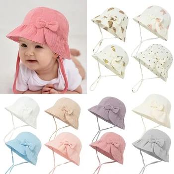 New Baby Cotton Bowknot Bucket Hat Children Sunscreen Outdoor Caps Boy Girl Print Panama Hat Unisex Beach Fishing Hat For 3-12M