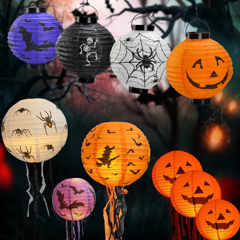 

Pumpkin Lantern Led Light Halloween Paper Lanterns Lights Spider Bat Garland Lamp for Home Outdoor Halloween Party Decoration