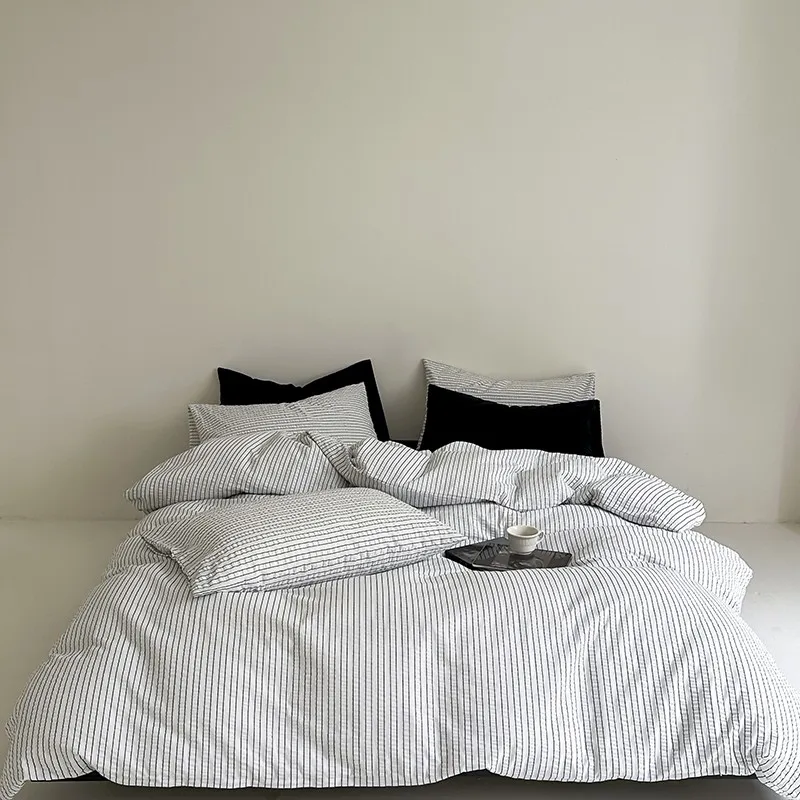 

Набор постельного белья из 100% хлопка Queen King, 4 шт., мягкий, дышащий, в полоску, текстурированный, пододеяльник с застежкой-молнией, простыня, наволочки