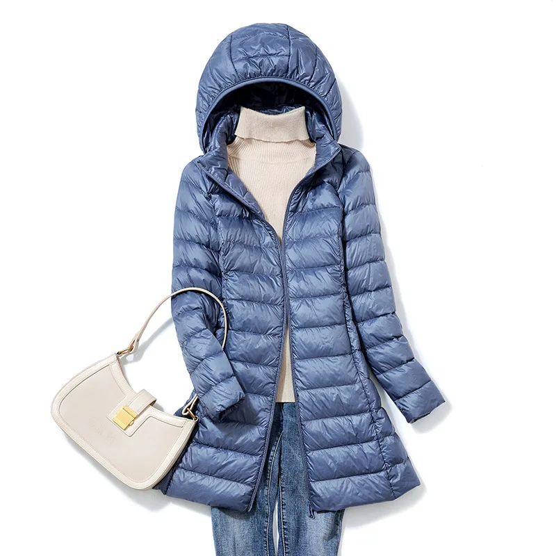 Womens Casual Lightweight Remove Hooded Down Jacket Packable Solid Color Mid-Length Puffer Coats Jacket Parka with Storage Bag