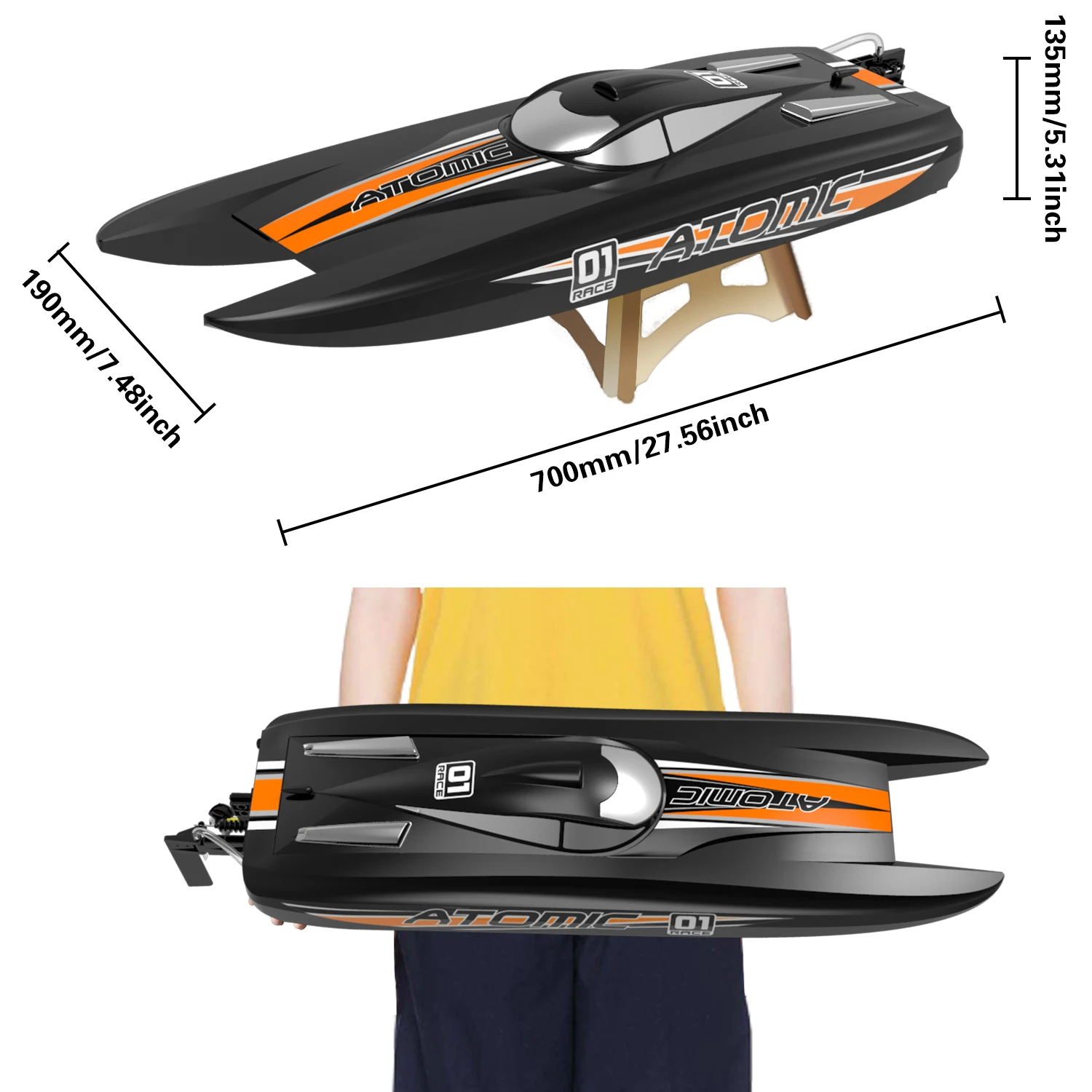 Bateau RC télécommandé noir en gros plan, montrant son design aérodynamique et sa haute vitesse.