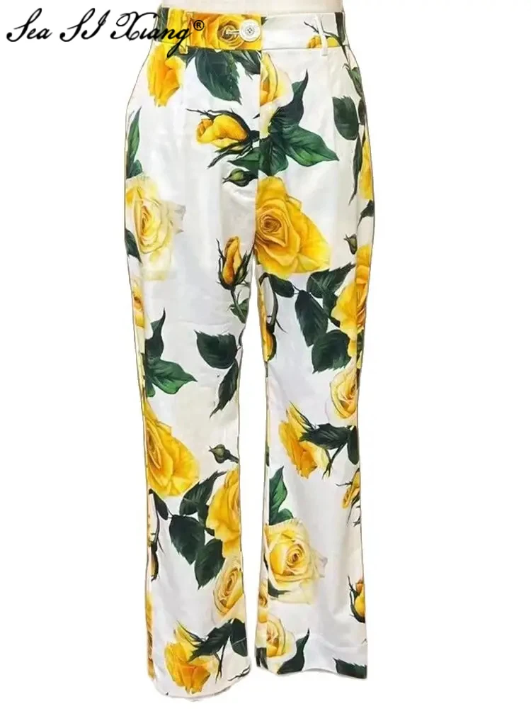 

Женские хлопковые брюки-карандаш Seasixiang, дизайнерские весенние брюки с высокой талией, карманами, желтыми розами и цветочным принтом