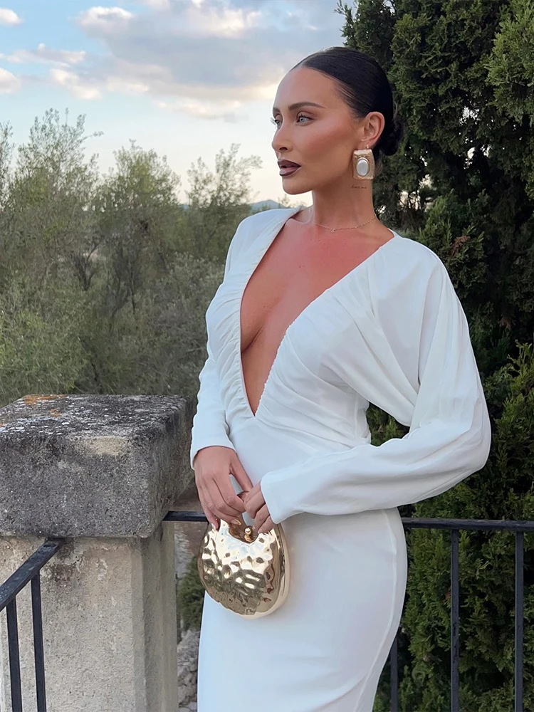 Nibber Chic Birthday Party Maxi Dress Women Y2K Elastic Long Sleeve Elegant Ruched Stretchy Skinny Cocktail Deep V-Neck Vestidos