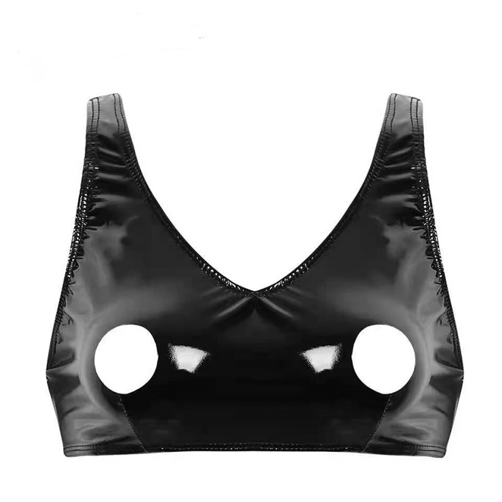 

Women Patent Leather Hollow Wet Look Cupless Bra Zipper Crop Top Wire-free Bralette Open Breast Costume Sexy Lingerie Clubwear