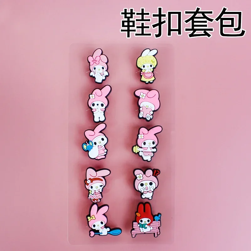Sanrio Anime japonés Melody Kuromi Kitty hebilla de zapato Fit Crocx Charms PVC zapatillas accesorios venta al por mayor regalos para niños, 10 piezas por juego