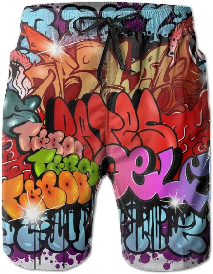 

3D Printed Graffiti Street Art Elements Men Swim Trunks Quick Dry Beach Shorts Sunproof Board Shorts Hawaiian Beach Shorts